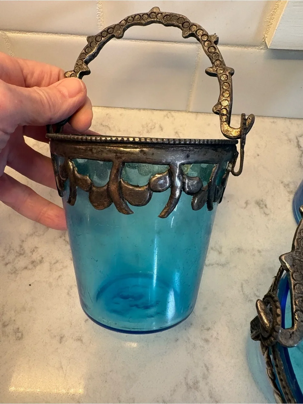 Decorative Blue Glass Tea Light Holders with Ornate Metal Handles